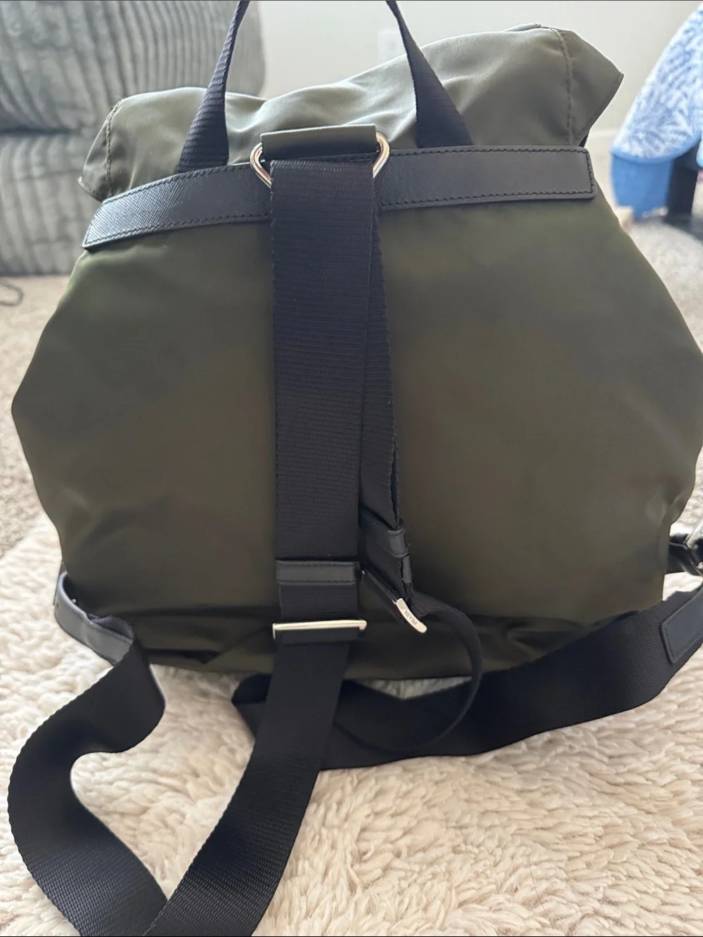 Prada Olive Nylon Backpack with Black Leather Trim